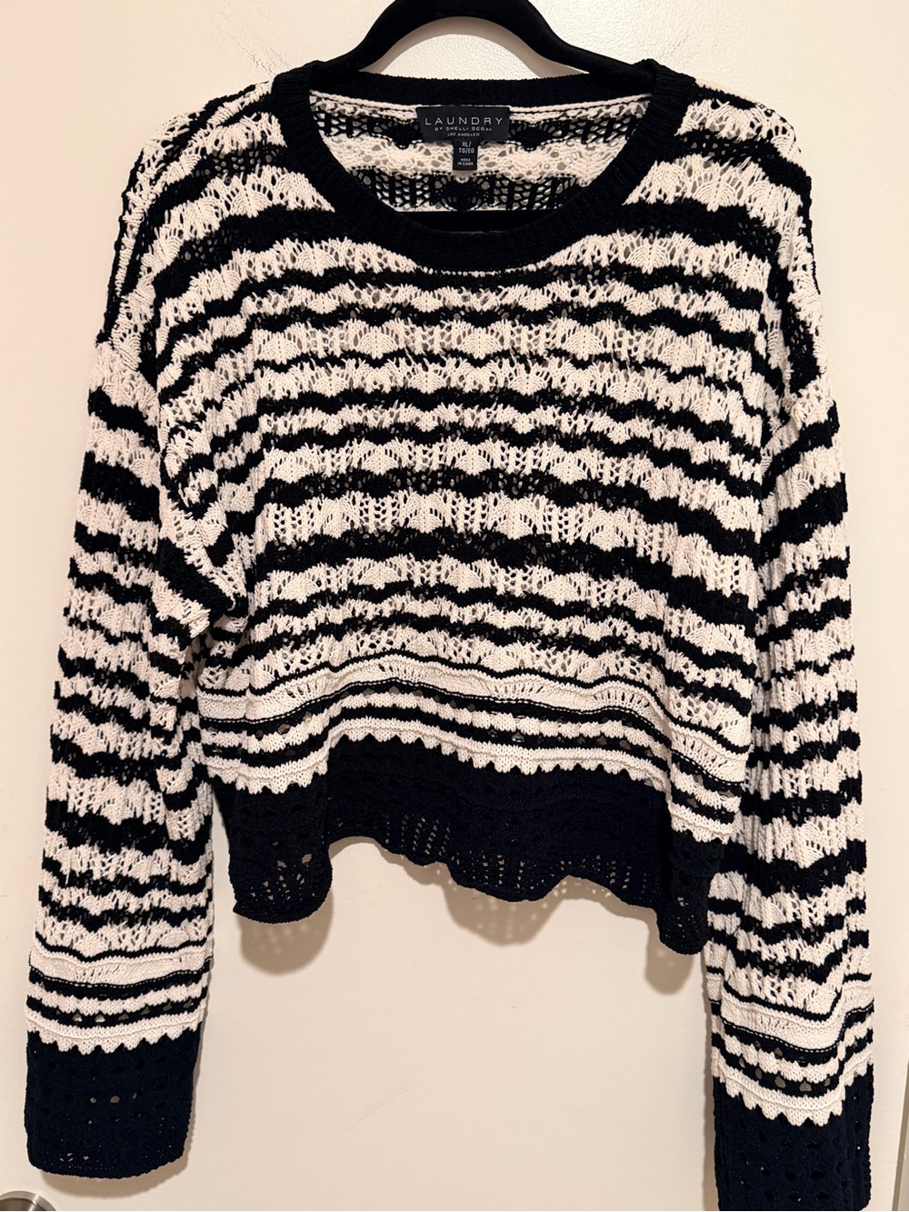 Laundry By Shelli Segal Black and White Open-Knit Striped Sweater